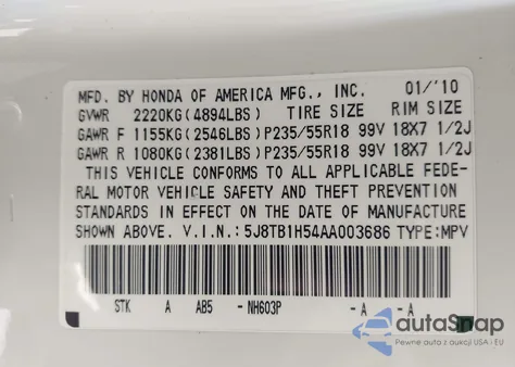 2010 Acura Rdx z USA, uszkodzony, nr VIN 5J8TB1H54AA003686
